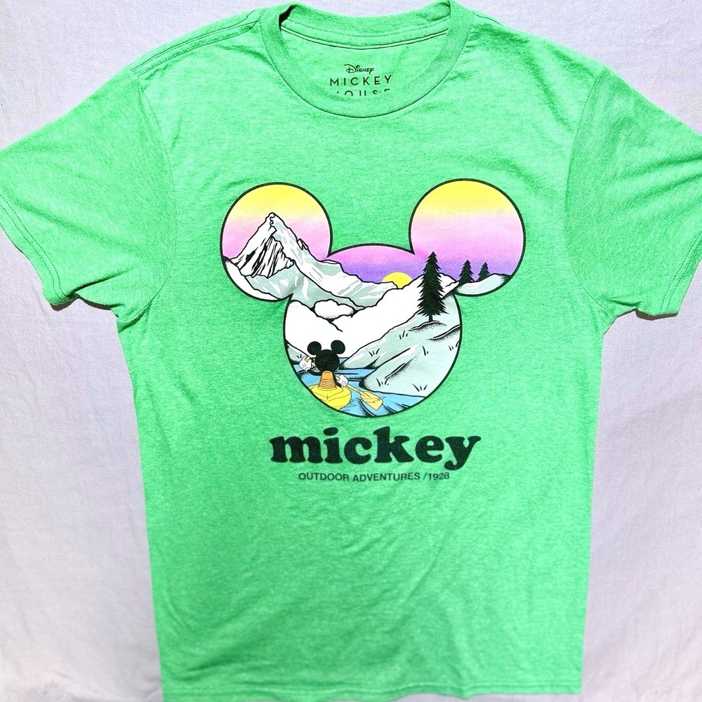 Disney Mickey Mouse Outdoor Adventures 1928 Green Graphic T-Shirt Small